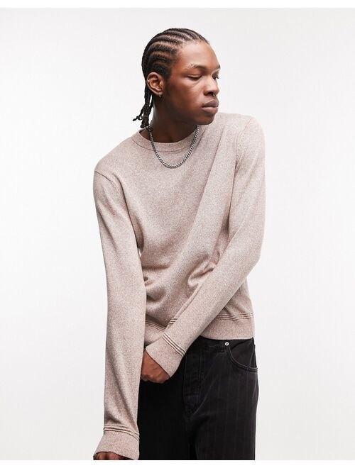 Topman essential knitted crew neck sweater in brown heather