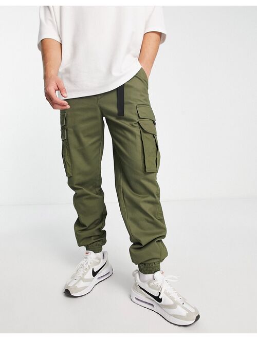 Topman skinny belted cargo pants with side panel in khaki