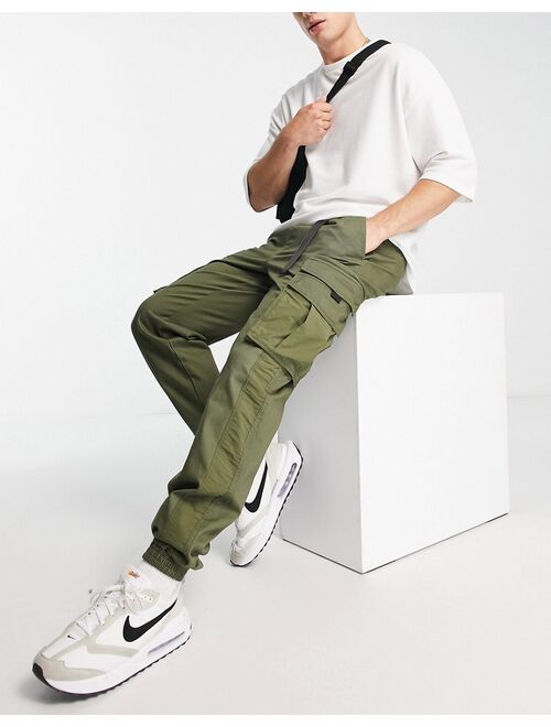 Topman skinny belted cargo pants with side panel in khaki