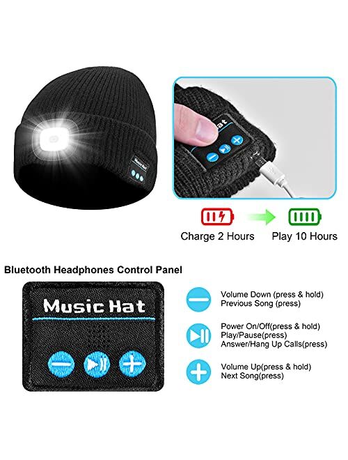 Daifferchoi Bluetooth Beanie Hat with Light, USB Rechargeable Winter Knitted Cap with Headphones & Mic, Gifts for Men Women