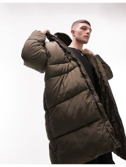 longline puffer jacket with hood in khaki