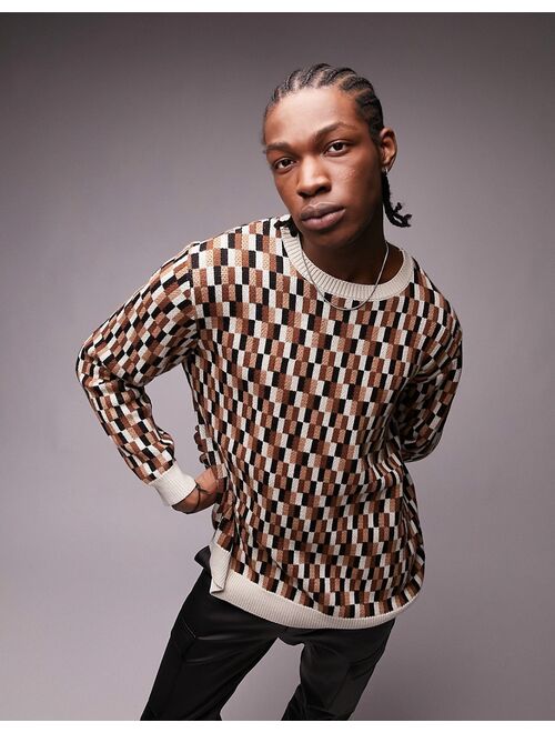 Topman knitted sweater with square geo print in brown