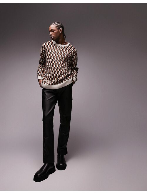 Topman knitted sweater with square geo print in brown