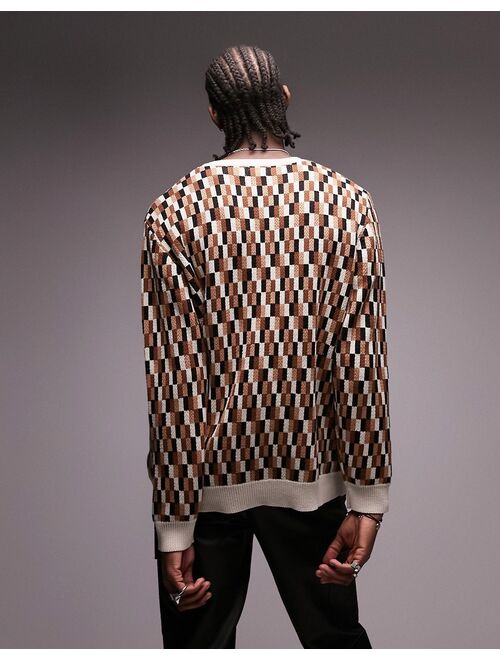 Topman knitted sweater with square geo print in brown