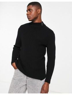 knitted turtle neck sweater with side zip in black