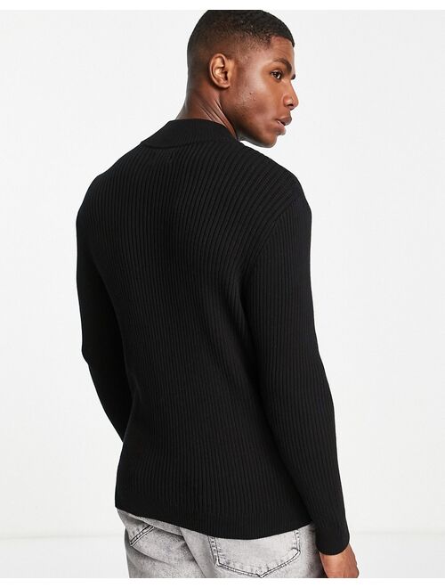 Topman knitted turtle neck sweater with side zip in black