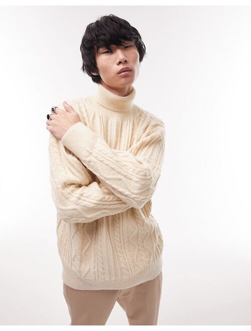 Topman knitted cable heavyweight sweater with roll neck in stone