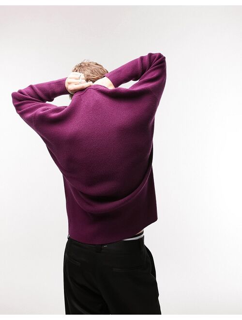 Topman knitted rib crew neck sweater in burgundy