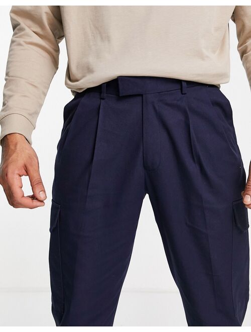 Topman tapered cargo pants with pleats in navy