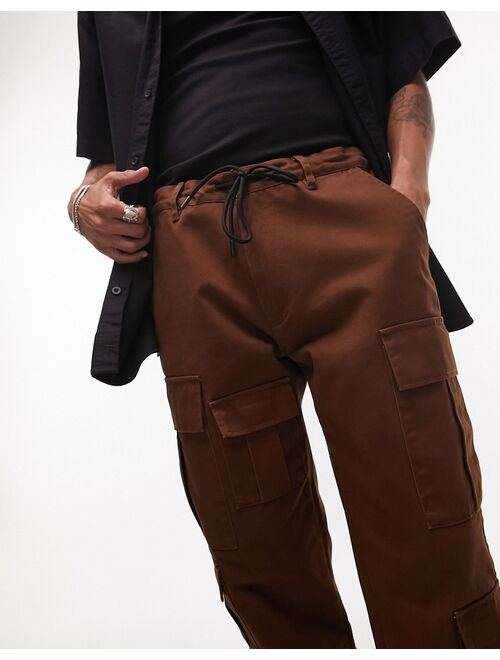 Topman skinny multi pocket cargo pants in brown