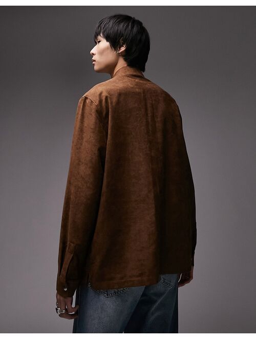 Topman faux suede overshirt in tobacco brown