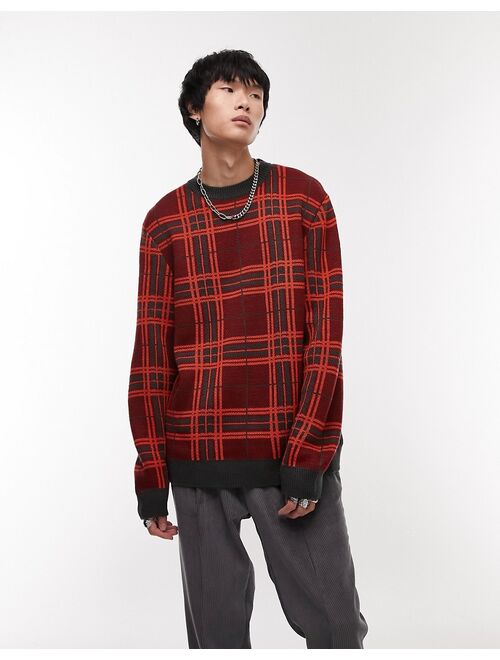 Topman regular knitted crew neck with shadow check in red