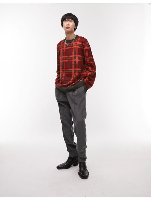 Topman regular knitted crew neck with shadow check in red
