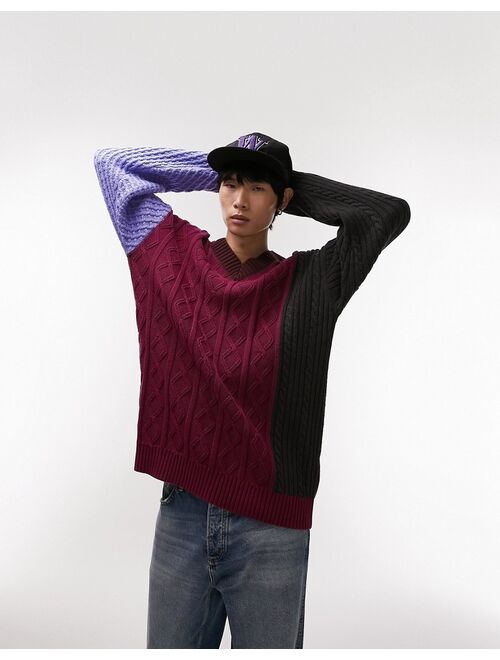 Topman knit V-neck sweater with mix stitch in burgundy