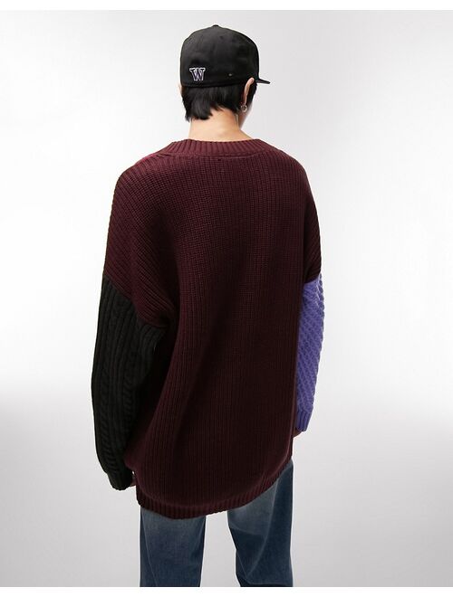 Topman knit V-neck sweater with mix stitch in burgundy
