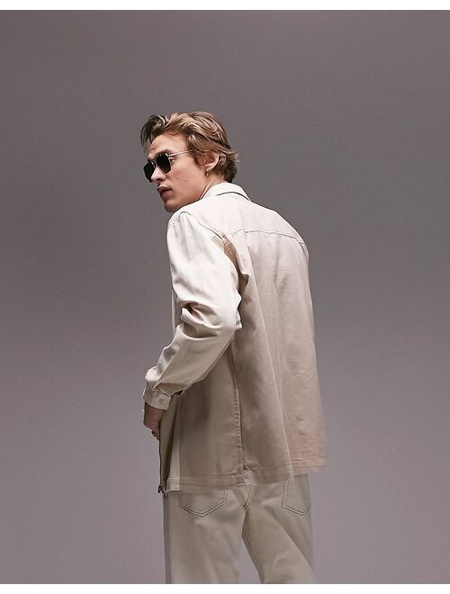 Topman panelled overshirt in ecru and stone