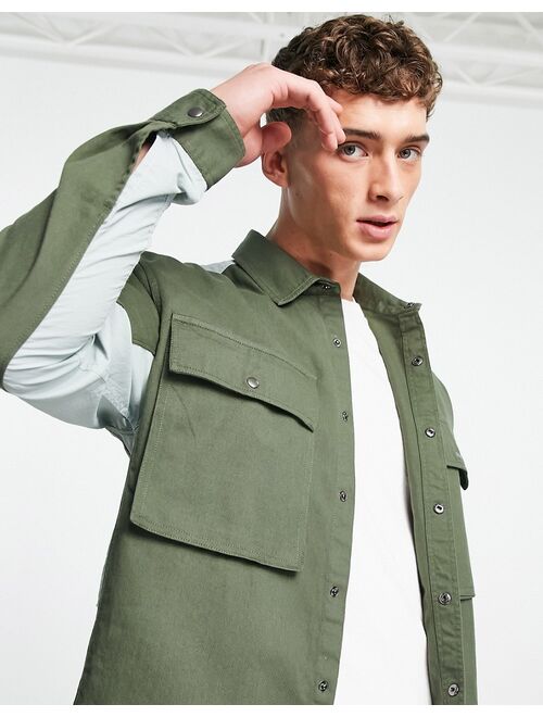 Topman twill shirt with nylon color block in khaki and blue