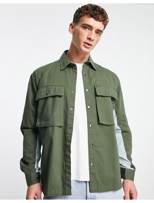 Topman twill shirt with nylon color block in khaki and blue