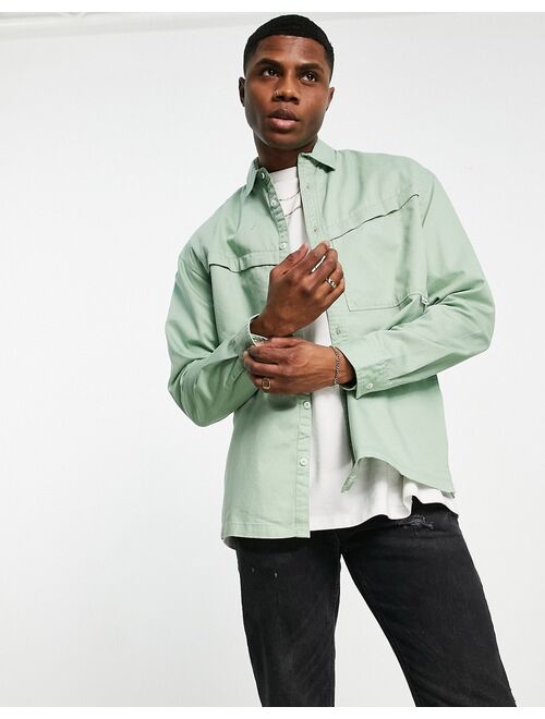 Topman overshirt with angled pocket in sage green