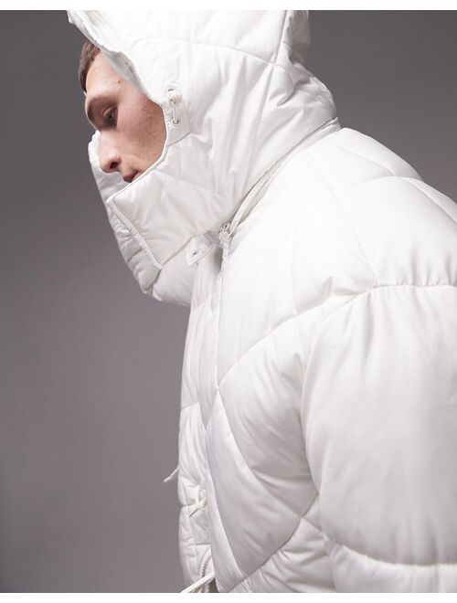 Topman quilted parka with detachable hood in off white
