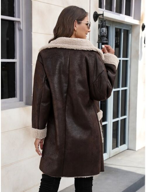 Shein Double Breasted Dual Pocket Teddy Lined Coat