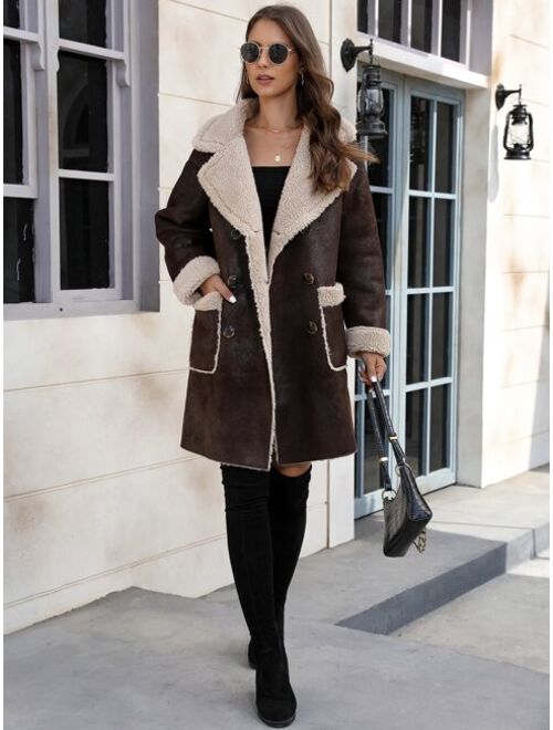 Shein Double Breasted Dual Pocket Teddy Lined Coat