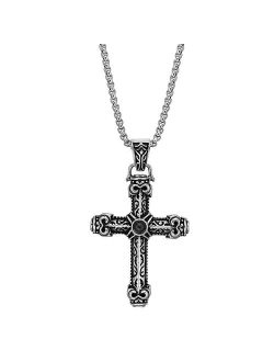 Men's Black Ion-Plated Stainless Steel Black Agate Cross Pendant Necklace