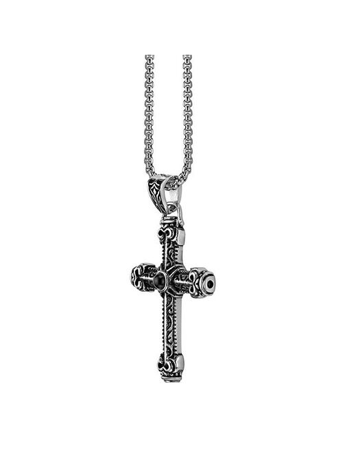 LYNX Men's Black Ion-Plated Stainless Steel Black Agate Cross Pendant Necklace