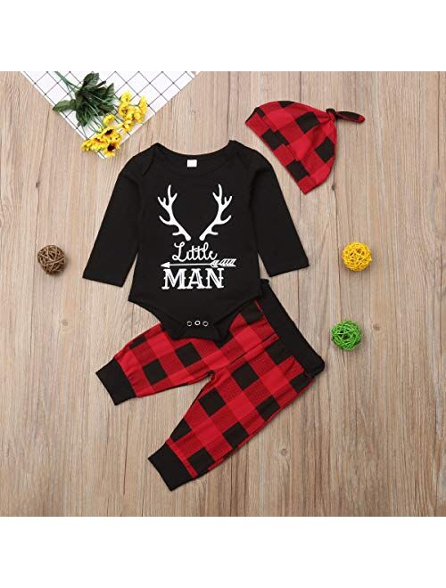 MA&BABY Christmas Outfits Baby Boy Pants Set 3pcs Little Man Deer Print Romper Top +Plaid Long Pants Clothes Sets