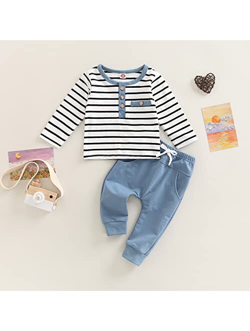 Ma&Baby Toddler Infant Baby Boy Clothes Long Sleeve Striped T-Shirt Pullover Tops Solid Pants 2Pcs Fall Winter Outfits