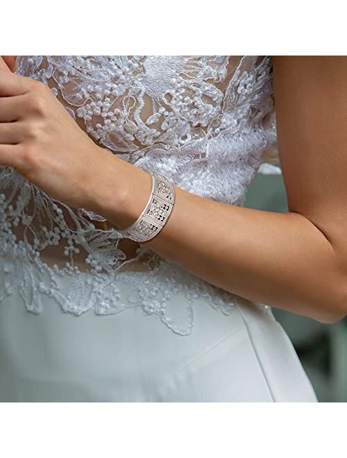 BriLove Wedding Bridal Cross Rhinestones Cluster Stretch Bangle Bracelet for Bride