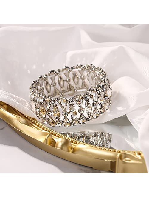 BriLove Wedding Bridal Teardrop Rhinestones Cluster Stretch Bangle Bracelet for Bride