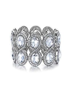 Flyonce Women's Rhinestone Crystal Art Deco Wedding Brides Elastic Stretch Bracelet Clear Silver-Tone