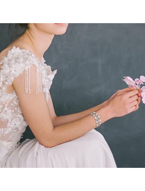 BriLove Wedding Bridal Elegant Crystal Double Row Teardrop Rhinestones Cluster Stretch Bangle Bracelet for Bride