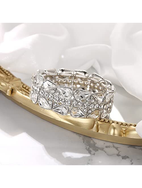 BriLove Wedding Bridal Elegant Crystal Double Row Teardrop Rhinestones Cluster Stretch Bangle Bracelet for Bride