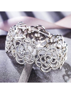 BriLove Women's Wedding Bridal Crystal Hollow Flower Tennis Stretch Bracelet