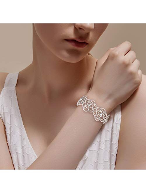 BriLove Women's Wedding Bridal Crystal Hollow Flower Tennis Stretch Bracelet