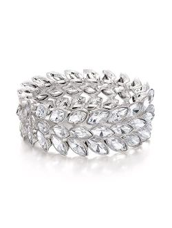 EVER FAITH Rhinestone Art Deco Wrist Jewelry for Prom 3 Marquise Crystal Leaf Elastic Stretch Bracelet