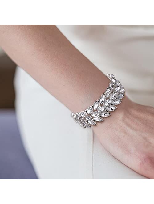 EVER FAITH Rhinestone Art Deco Wrist Jewelry for Prom 3 Marquise Crystal Leaf Elastic Stretch Bracelet