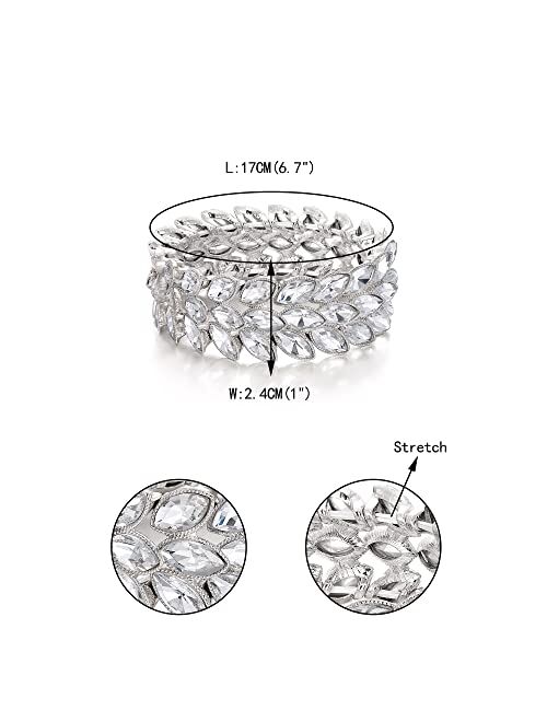 EVER FAITH Rhinestone Art Deco Wrist Jewelry for Prom 3 Marquise Crystal Leaf Elastic Stretch Bracelet