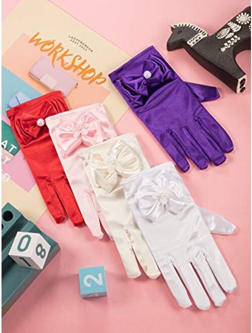 Zhanmai 5 Pairs Little Girls Gloves Tea Party Dress Gloves Silky Satin Wrist Length Bows Fancy Formal Gloves for Age over 3 Years Kids Toddlers Party Costume Decoration, 
