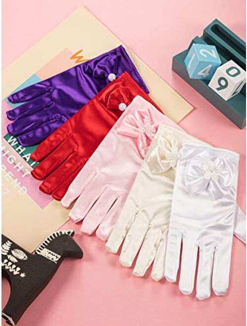 Zhanmai 5 Pairs Little Girls Gloves Tea Party Dress Gloves Silky Satin Wrist Length Bows Fancy Formal Gloves for Age over 3 Years Kids Toddlers Party Costume Decoration, 