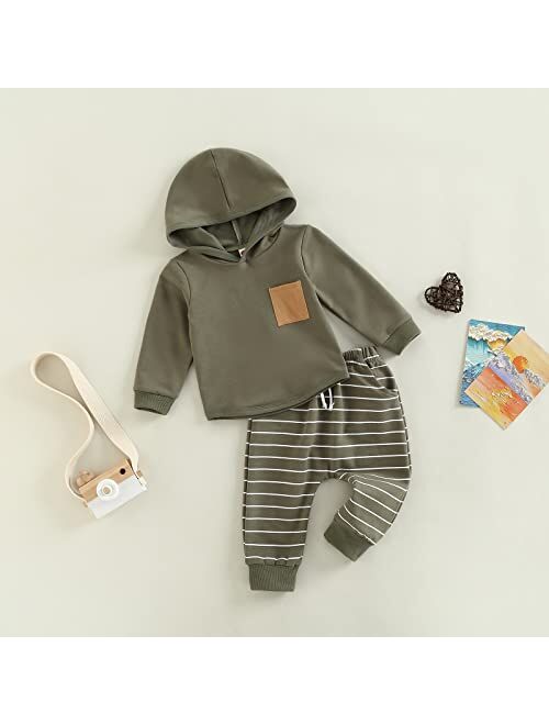 Ma&Baby Baby Boys Clothes 3 6 9 12 18 24M 3T Pants Set Hooded Patchwork Hoodie Striped Sweatpants Fall Winter Outfit