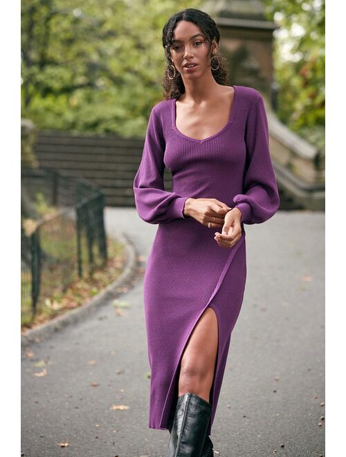 Lulus Fall Lover Purple Balloon Sleeve Midi Sweater Dress