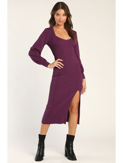 Lulus Fall Lover Purple Balloon Sleeve Midi Sweater Dress