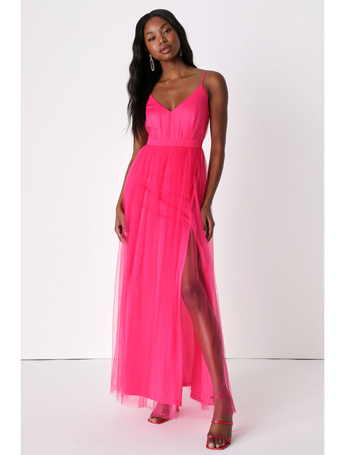 Lulus Soiree Not Sorry Hot Pink Tulle Maxi Dress