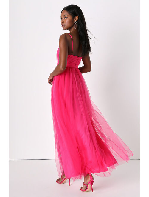 Lulus Soiree Not Sorry Hot Pink Tulle Maxi Dress