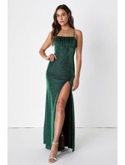 Sincerely Shiny Green and Black Lurex Lace-Up Maxi Dress