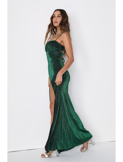 Lulus Sincerely Shiny Green and Black Lurex Lace-Up Maxi Dress