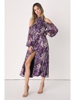 Storybook Sweetheart Purple Floral Cold-Shoulder Midi Dress